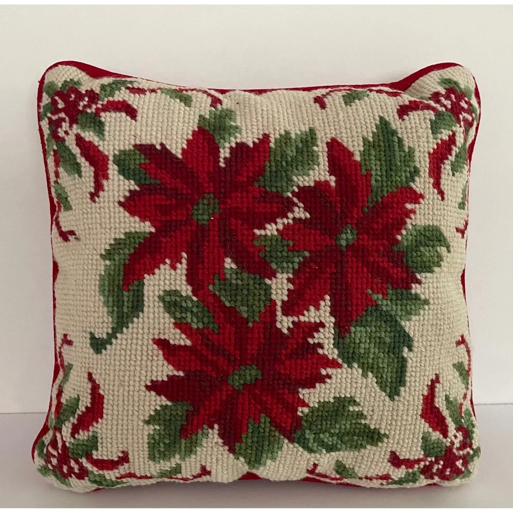 Vintage Christmas Poinsettia Needlepoint Wool Throw Pillow Green Velvet Back 9x9